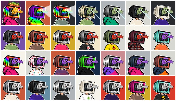 A four-by-seven grid displays various colorful cartoon illustrations of characters with television sets for heads showing different glitching or skeletal images.