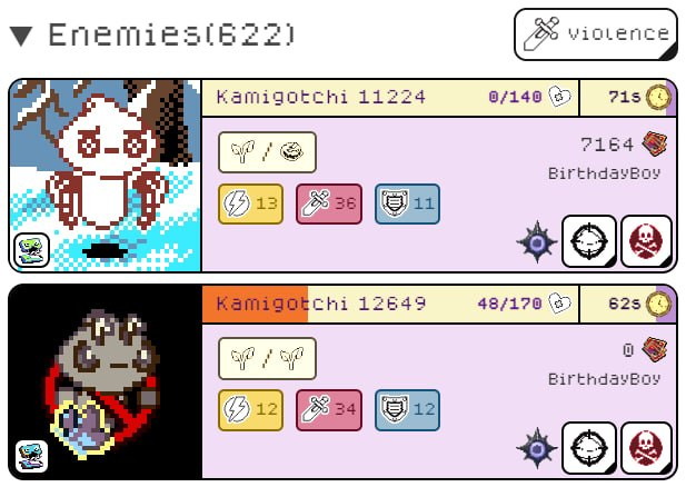 A pixel-art interface showing an 'Enemies (622)' list with a 'violence' toggle, featuring two entries both labeled 'Kamigotchi' with IDs 11224 and 12649, 'BirthdayBoy' as the username, and various stats.