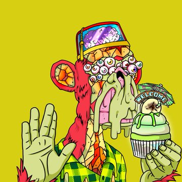 The image features a cartoon monkey wearing a green shirt, holding a cupcake with frosting that appears to be melting or dripping. The background of the image is yellow, which contrasts with the colorful elements of the monkey's outfit and the cupcake. There are also some text elements in the image, including "@kryptonair" and "@0xCarl_", possibly indicating a social media account or a post related to the cartoon character.