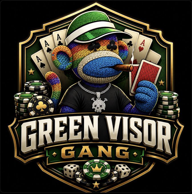 A colorful rainbow sock monkey wearing a green visor and smoking a cigar, holding playing cards amid stacks of poker chips and dice, displayed above the text "GREEN VISOR GANG" in a gold-bordered crest—serving as the vibrant mascot logo for the cross-community Web3 poker tournament powered by @PlayFulPrimates and sponsored by OGTriple Media, DropDedGorgez, and Golden Baboons Mining Club.