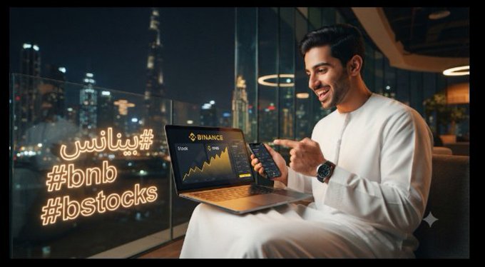 A smiling man in traditional Arab attire (white thobe) sits by a window with a nighttime city skyline view, looking at a laptop displaying Binance's stock trading interface alongside a phone showing market data. Glowing neon-style hashtags "#bnb," "#bstocks," and Arabic text "#بينانس" appear on the left, visually reinforcing the post's enthusiasm about Binance's tokenized stock trading features that break traditional market limitations.