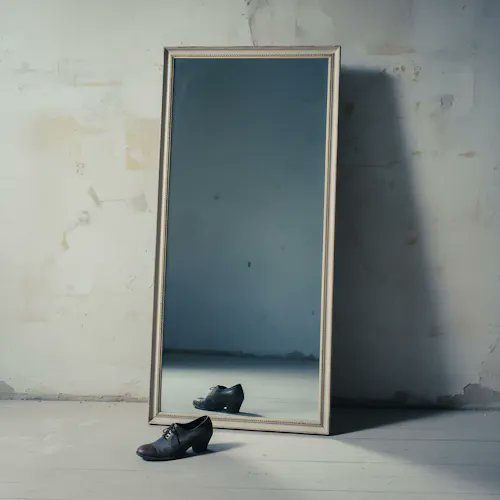 A pair of black leather shoes sits before a tall mirror in a weathered room, with one shoe appearing both in the foreground and reflected in the glass—evoking a sense of absence. The composition's duality and quiet melancholy visually echo the artwork's title "She Left Without Looking," reinforcing themes of departure and loss.