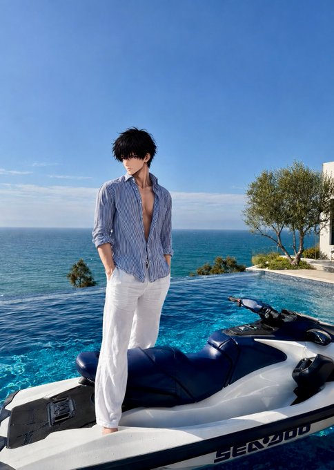 A 3D-rendered anime-style young man with messy black hair wearing an unbuttoned striped shirt and white pants, standing barefoot next to a Sea-Doo jet ski by a pool overlooking the ocean.