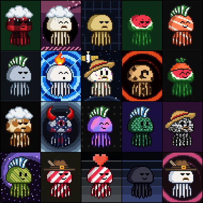 A grid of 20 pixel art characters featuring various stylized designs including mushrooms, watermelon-themed figures, a devil, and characters with different hats and patterns.