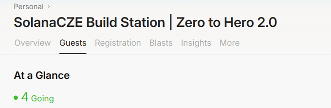 A screenshot of an event page titled 'SolanaCZE Build Station | Zero to Hero 2.0' under the 'Personal' category, showing the 'Guests' tab selected with 'At a Glance' indicating 4 Going.