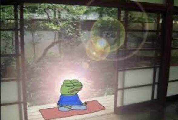An illustrated Peppa Pig character, depicted with a grumpy expression and wearing a blue shirt, sits on a red mat on a traditional Japanese veranda overlooking a misty forest, with a lens flare effect across the image.