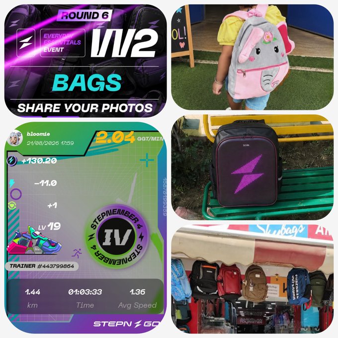 A collage featuring a 'Round 6 1V1Z Everyday Essentials Event - BAGS - Share Your Photos' banner, alongside images of children's backpacks (including a pink bunny design and a black BOP one) and a STEPN GO fitness screenshot showing 2.04 GGT/MIN and stats for trainer bloomie.