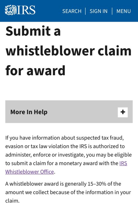 A screenshot from the IRS website displays a header reading 'Submit a whistleblower claim for award,' explaining eligibility for monetary awards of 15-30% for information leading to the collection of proceeds from tax fraud or evasion.