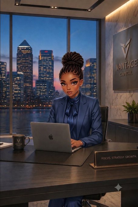 A stylized digital illustration of a confident woman in a blue suit sitting at a desk with a laptop, a "VANTAGE CAPITAL" sign, and a nameplate reading "FOCUS. STRATEGY. GROWTH."