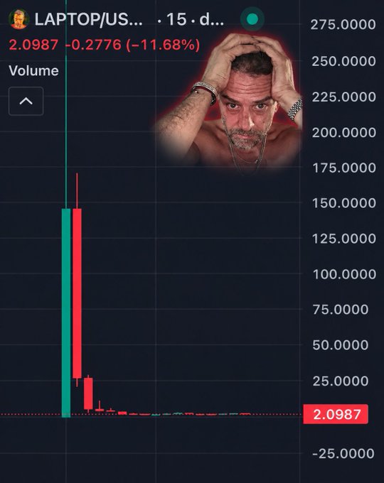 The image shows a cryptocurrency chart for the LAPTOP/USDT pair displaying a devastating -11.68% drop to $2.0987, with a distressed meme face of a stressed man overlaid on the chart. The dramatic price decline visually reinforces the post's claim that an initial $100 investment in Hunter Biden's $LAPTOP memecoin would now be worth just $1.