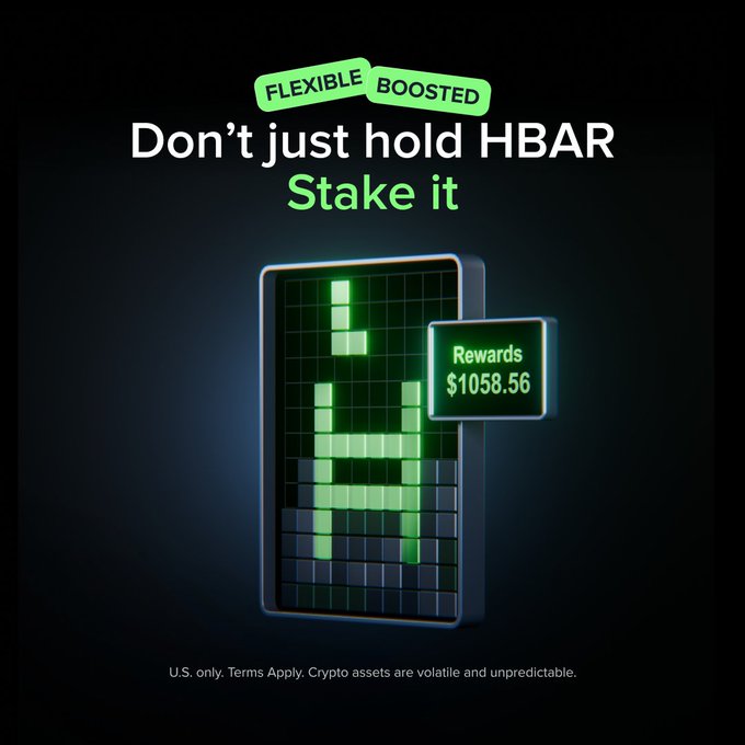 A stylized green pixel-art character stands beside an LED panel displaying "Rewards $1058.56," promoting HBAR staking with the text "Don't just hold HBAR, Stake it" and "FLEXIBLE" and "BOOSTED" options. The ad aligns with Hedera's staking campaign, highlighting flexible weekly rewards or boosted locked-in rewards for HBAR holders using the Uphold app.