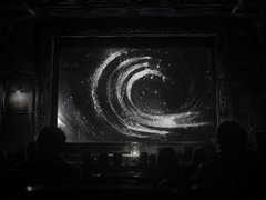 A black-and-white image shows the silhouettes of an audience watching a screen displaying a swirling galaxy, evoking a sense of cosmic wonder as a metaphor for the complexities of cryptocurrency staking yields. The image's celestial theme complements the post's discussion about BTT staking on BTTC, where the swirling galaxy visually represents the intricate factors stakers should consider beyond the headline APY of 6.44%.