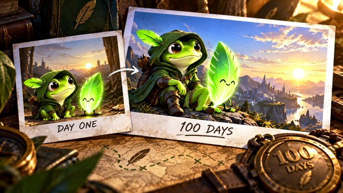 A side-by-side comparison illustration showing a small green frog character in a cloak with a glowing leaf companion on 'Day One' versus a larger, more detailed version at '100 Days,' accompanied by a '100 Days' bronze medallion.