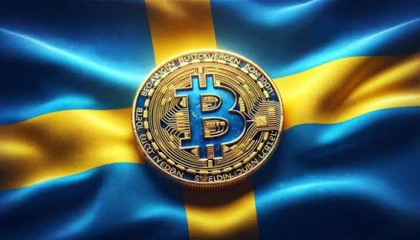 A physical Bitcoin coin displayed on top of a Swedish flag with blue and yellow colors.
