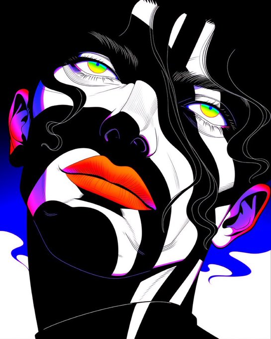 A high-contrast digital illustration of a woman's face in black and white, featuring striking green eyes and bright orange lips.