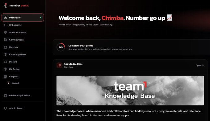 A dark-themed 'team1' member portal dashboard welcoming user 'Chimba' with a 34% profile completion notice and links to Dashboard, Announcements, Contributions, Knowledge Base, and Discord.