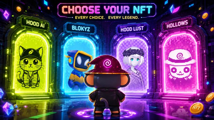 A vibrant neon-lit NFT selection screen titled 'CHOOSE YOUR NFT - EVERY CHOICE. EVERY LEGEND.' showing four character options: HOOD AI, BLOKYZ, HOOD LUST, and HOLLOWS.