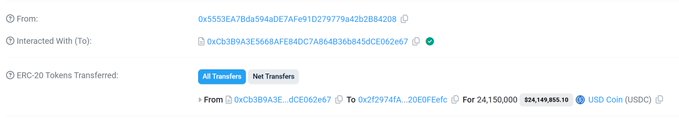 The image displays on-chain transaction details showing $24,150,000 USDC transferred from address 0xc3b89A3E...0CE662eb7 to address 0x2f2974fA...20E0FEe0, corresponding to the AFX cross-chain bridge exploit that resulted in the loss of approximately $24.15 million in USDC tokens.