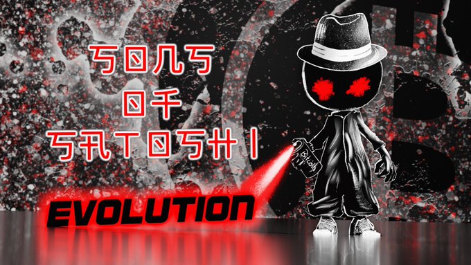A stylized graphic features a dark stick-figure character wearing a fedora with glowing red eyes, set against a red and black textured background with unreadable white characters and the word 'EVOLUTION' at the bottom.