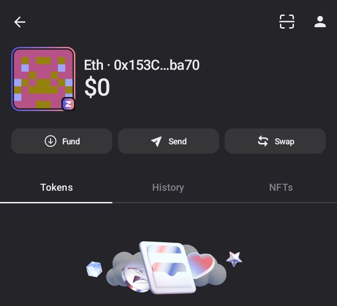 A cryptocurrency wallet interface shows an Ethereum address (0x153C...ba70) with a $0 balance, featuring Fund, Send, and Swap action buttons on a dark background.