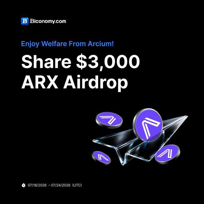 Biconomy.com promotional graphic announcing a "$3,000 ARX Airdrop" with the headline "Enjoy Welfare From Arcium!" and campaign dates "07/18/2026 -- 07/24/2026 (UTC)," featuring purple ARX coin imagery bursting through a glass star — directly visualizing the post's call for users to claim their share of the $3,000 ARX rewards before the campaign ends.
