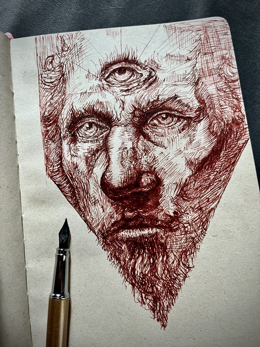 A detailed red-ink pen drawing in a sketchbook depicts a bearded man with intense eyes and a third eye on his forehead, with a fountain pen resting on the open page beside the artwork.