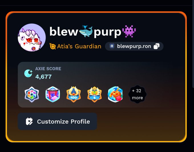 A profile card for user 'blew🐋purp👾' with the title 'Atia's Guardian' showing an Axie score of 4,677 and various achievement badges.