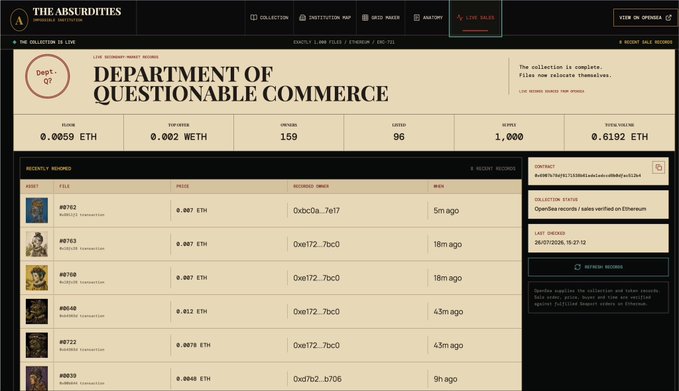 A website screenshot for "THE ABSURDITIES" displaying a "DEPARTMENT OF QUESTIONABLE COMMERCE" NFT collection sale page with ETH prices, item listings, and blockchain transaction records.