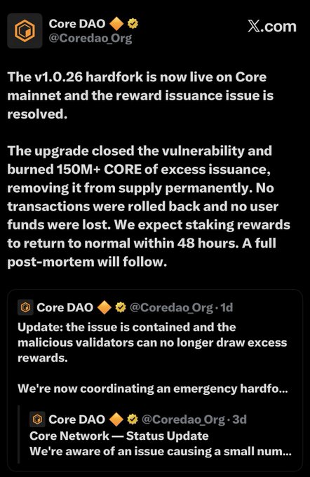 A screenshot of a Core DAO (@Coredao_Org) tweet announcing that the v1.0.26 hardfork is live on Core mainnet, resolving a reward issuance issue by burning 150M+ excess CORE tokens.