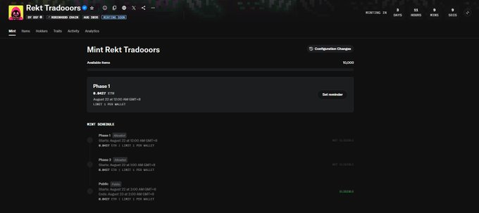 A screenshot of a webpage from Rekt Tradoors on Mint Blockchain, showing a 'Mint Rekt Tradoors' NFT collection with details like Phase 1 at 0.8427 ETH, starting on August 22 at 13:00 AM GMT+8, and various rental schedules with NFT addresses.