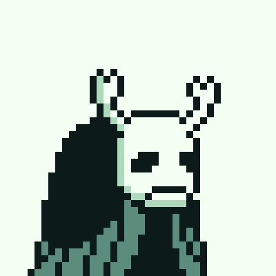 A pixel art illustration of a horned, skeletal-looking character in a dark green hooded robe against a light green background.