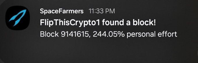 A Discord notification from 'SpaceFarmers' at 11:33 PM stating 'FlipThisCrypto1 found a block!' for 'Block 9141615' with '244.05% personal effort'.