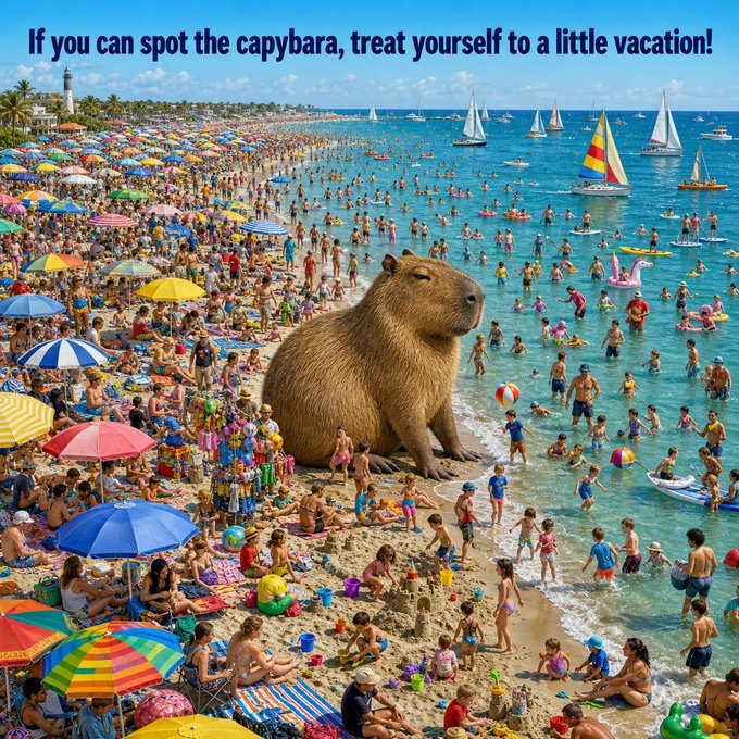 A crowded beach scene with text 'If you can spot the capybara, treat yourself to a little vacation!' featuring a giant capybara sitting in the water among many beachgoers.