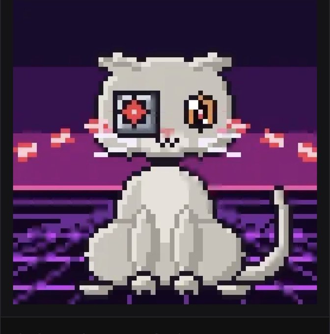 Pixel art of a white cat-like character with one red robotic eye and one anime-style brown eye, sitting against a purple background with floating candy-shaped objects.