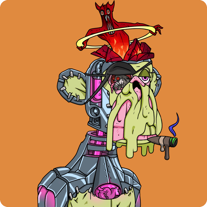 A stylized illustration of a grotesque, monstrous character with a yellow slime-covered face, a red demon-like figure on its head, and mechanical components.