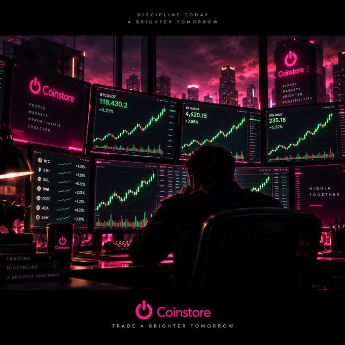A stylized promotional image for "Coinstore" crypto exchange showing a person at a multi-monitor setup with various crypto charts including BTC, ETH, and SOL against a neon city backdrop.