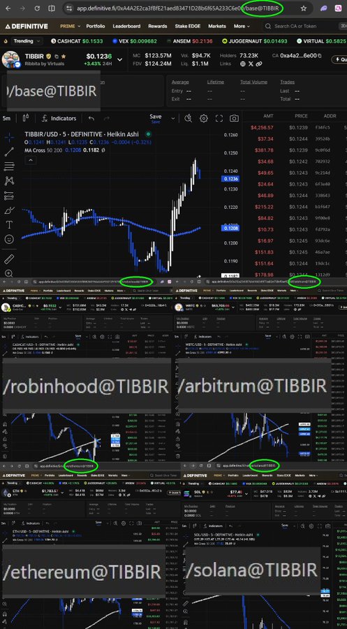 A screenshot of the Definitive trading platform displays the TIBBIR/USD-5 chart showing a price of $0.1236 with a 3.43% 24h increase, alongside multiple subpages highlighting TIBBIR's presence across different blockchains including Base, Robinhood, Arbitrum, Ethereum, and Solana. The image visually supports the post's claim about TIBBIR adding Robinhood chain support, though TIBBIR is a RIBBIR by Virtuals token, not $WALLET, making the alleged timing connection between $WALLET and TIBBIR appear coincidental rather than direct.