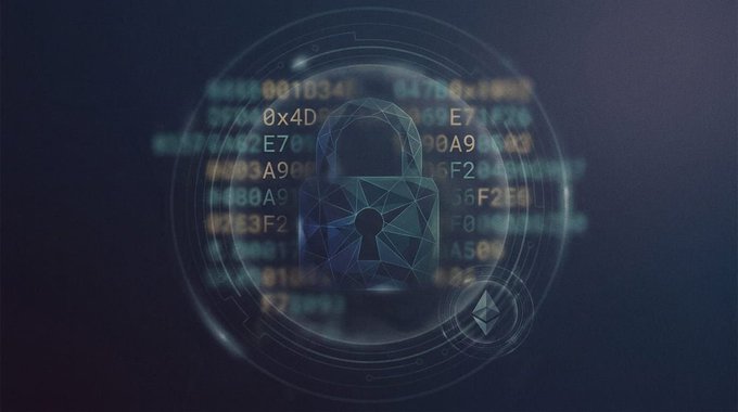The image depicts a glowing blue padlock icon surrounded by floating hexadecimal data (including values like "0x4D," "E7," "E70," "A9," and "F2") and an Ethereum logo, symbolizing encrypted, on-chain privacy. This visual reinforces the post's message about FlutonIO's approach to private DeFi—shielding assets into encrypted state while still enabling composable, private swaps within the broader DeFi stack.