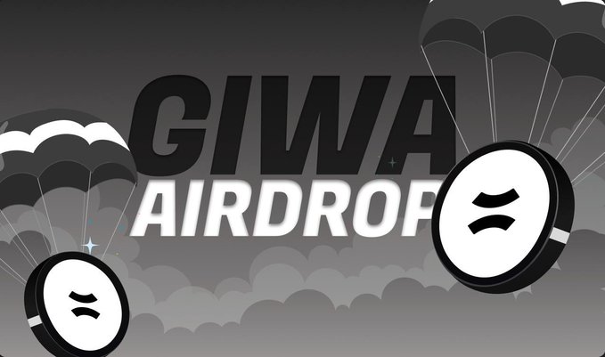 The image is a promotional graphic for the "GIWA AIRDROP," featuring bold black text alongside parachute illustrations carrying coin symbols, visually reinforcing the post's message about a free testnet airdrop guide with no cost to farm and $143M raised.