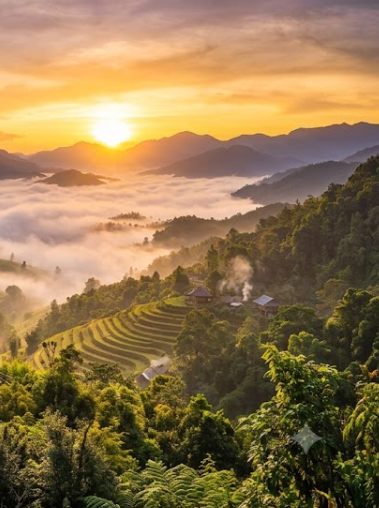 A breathtaking landscape view of a sunrise or sunset over a sea of fog nestled between lush green mountains, with a small village and terraced fields visible in the misty valley.