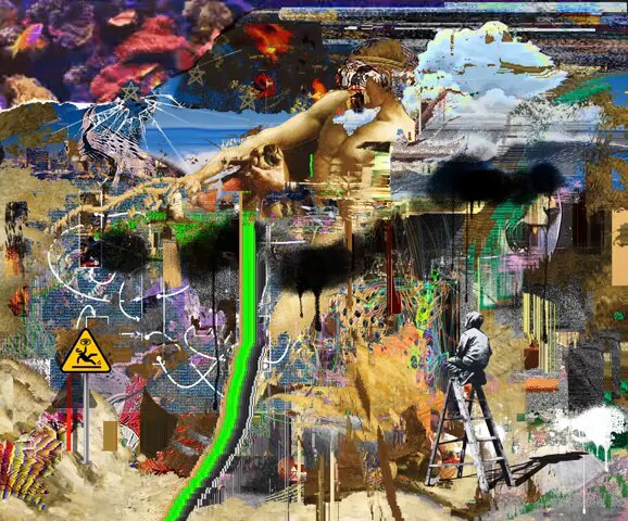 The image is a collage of various elements, including text, logos, and colors like yellow and blue. It features a photo of a man standing under some clouds with a ladder next to him. There are also other photos and logos that can be found throughout the piece. The main caption reads "✧ Non User Friendly ✧ by @troyfitzpatric SOLD↴ to @sjf_keef for 0.46 ETH ($801.39) $RARE". This message seems to be about a person who has created this art piece, possibly aiming at a group of people or an organization with similar interests.