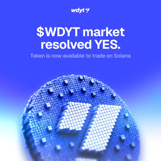 Promotional graphic with a blue 3D Bitcoin-style sphere featuring the 'W' logo, announcing '$WDYT market resolved YES. Token is now available to trade on Solana.'