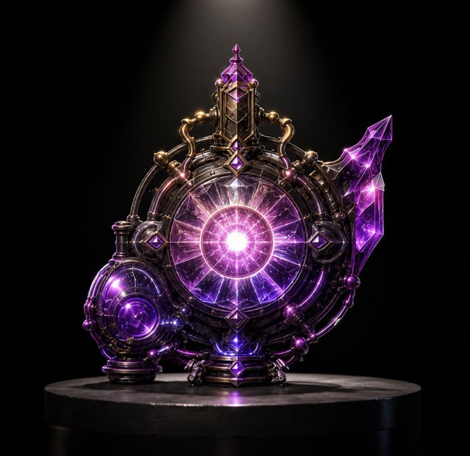 A glowing purple and magenta magical crystal orb or artifact with golden metallic accents sits on a dark pedestal against a black background.