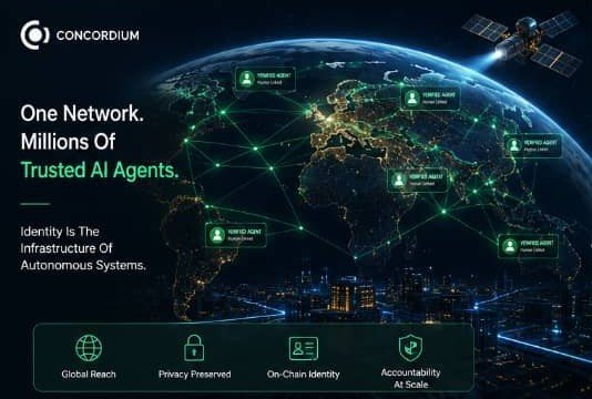 A Concordium advertisement featuring an illuminated Earth map with 'One Network. Millions Of Trusted AI Agents.' and features 'Global Reach', 'Privacy Preserved', 'On-Chain Identity', and 'Accountability At Scale'.