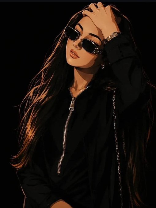 A digital illustration of a woman with long brown hair, wearing dark sunglasses and a black zip-up jacket, posing with her hand in her hair against a black background.