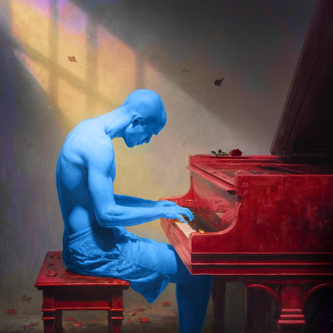 The image features an artist's rendering of a man sitting at a red piano, playing music. The painting has a blue color scheme that contrasts with the red piano. The background shows a window letting in sunlight, creating a warm atmosphere for the scene. The caption reads "‘Still Playing’ is now available on @SuperRare with a reserve price of 0.6E!", indicating that this artwork is being sold at a discounted price to the public.