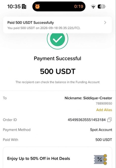 This image shows a Binance transaction confirmation for a successful 500 USDT payment to a user with the nickname "Siddique-Creator" (ID: 788909550) on September 18, 2026, with an Order ID of 454993635551453184 paid from a Spot Account. The image appears to be used as "proof" of payment to lend credibility to the accompanying post, which is a classic giveaway scam asking users to retweet, like, and comment "SOL" to receive $669. In reality, no one ever receives any money from such posts—they're designed to collect engagement and potentially steal personal information or crypto from victims.