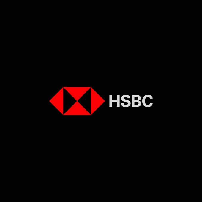 The HSBC bank logo featuring a red and black hexagonal symbol next to the white text "HSBC" on a black background.