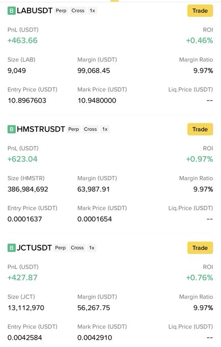 The image displays a trading app's screen which shows different types of data about various trade items, such as size, margin, roi, price, entry price, closing price, and volume. The post says "anh trai long $LAB 500k đô đã quay trở lại tiếp tục mở vị thế long   long   $HMSTR 1x vol 99k đô long con hàng huyền thoại   $JCT 1x vol 56k đô tổng khân giýn cá vuớc giên bao giờ". This post might be a description or summary of the trading app's current information.