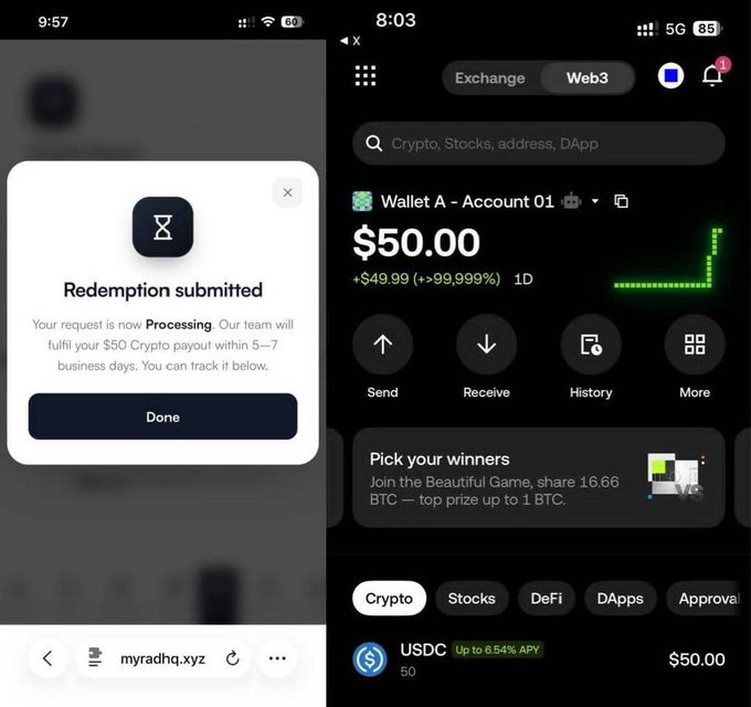 Two side-by-side phone screenshots show a crypto platform: the right displays a Web3 wallet showing "$50.00" in Wallet A - Account 01 with "+$49.99 (+>99,999%) 1D" gain and a "Pick your winners" promotion for BTC, while the left shows a "Redemption submitted" pop-up confirming that a "$50 Crypto payout" is processing within 5-7 business days. The images illustrate the post's claim that users can accumulate points and redeem a $50 crypto payout as an extra $25 reward from the rewards store.